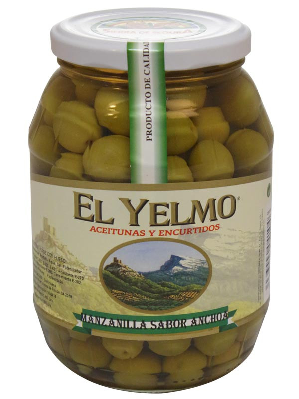 Aceituna Manzanilla con hueso sabor anchoa 500 g El Yelmo