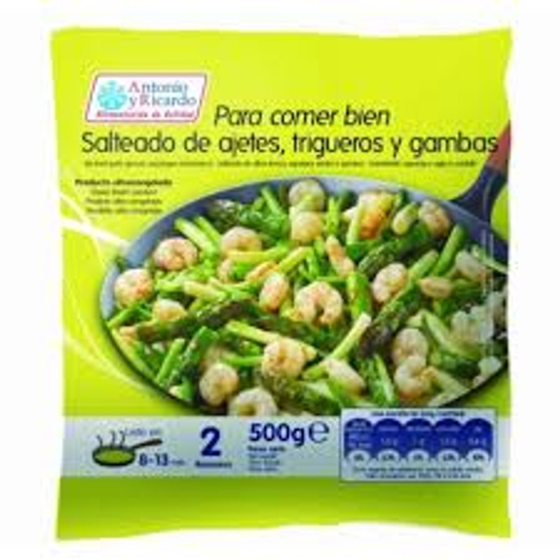 Salteado de Gambas, Ajetes y Trigueros
