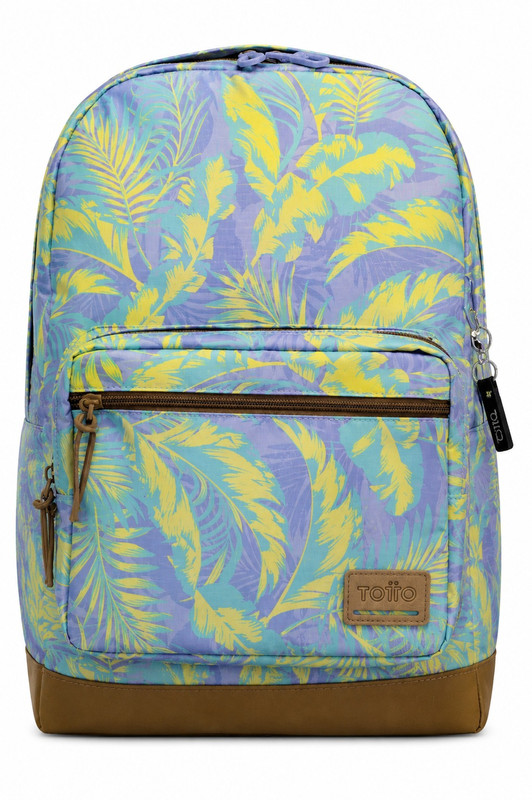 Mochila Totto estampado tropical lila, amarillo y turquesa