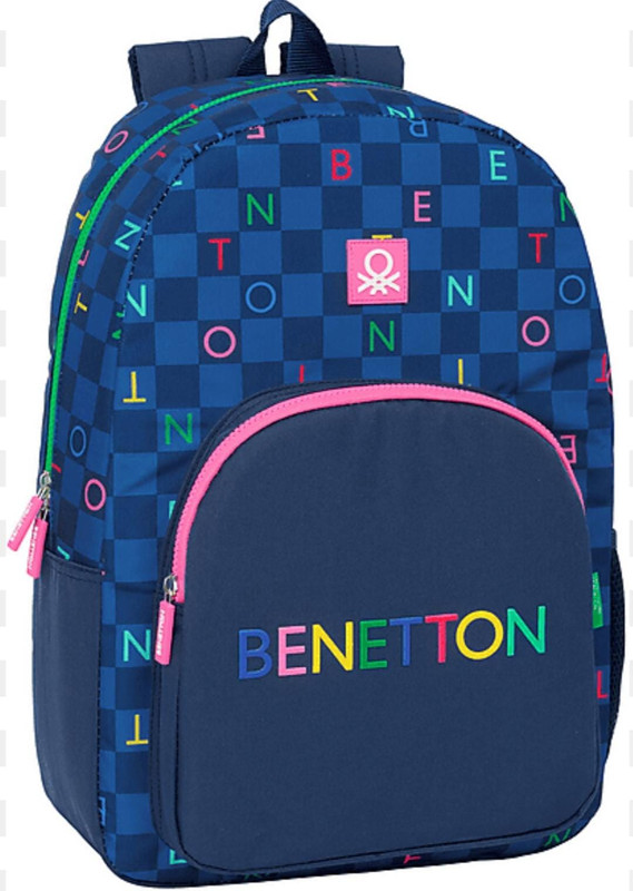 Mochila Benetton azul con letras multicolor