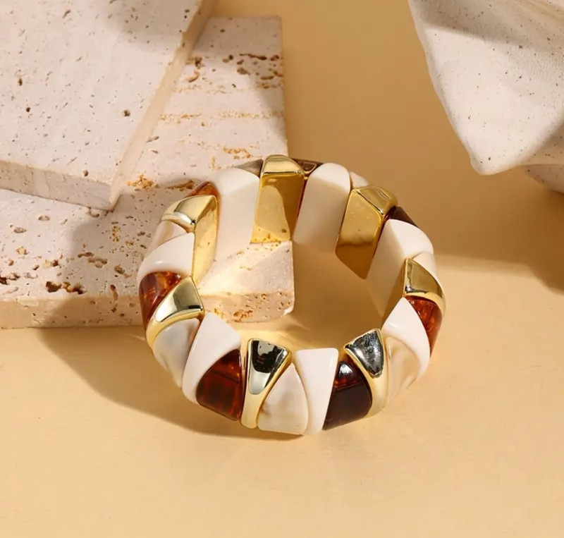 Pulsera Elástica Elegance Nácar & Ámbar Dorado